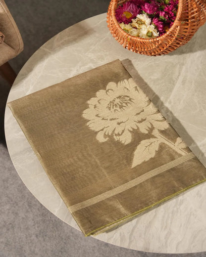 Olive Floral Semi Tussar Silk Unstitched Suit with Lotus Border
