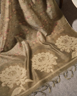 Olive Floral Semi Tussar Silk Unstitched Suit with Lotus Border