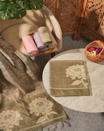 Olive Floral Semi Tussar Silk Unstitched Suit with Lotus Border