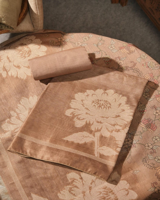 Cedar Brown Jamdani Muga Cotton Unstitched Suit Set