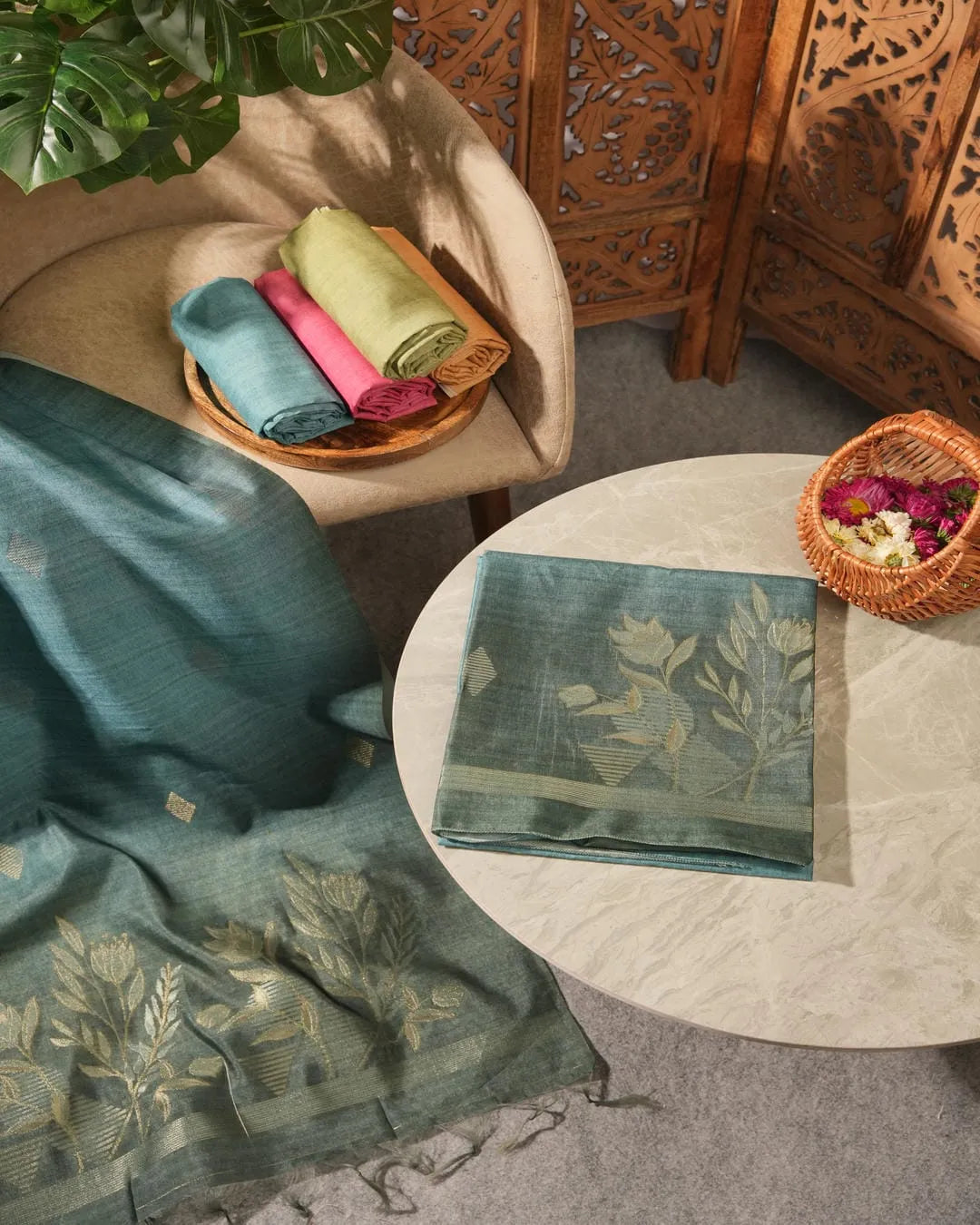 Ocean Grace – Teal Semi Tussar Silk Unstitched Suit