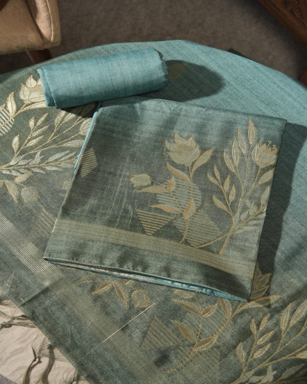 Ocean Grace – Teal Semi Tussar Silk Unstitched Suit