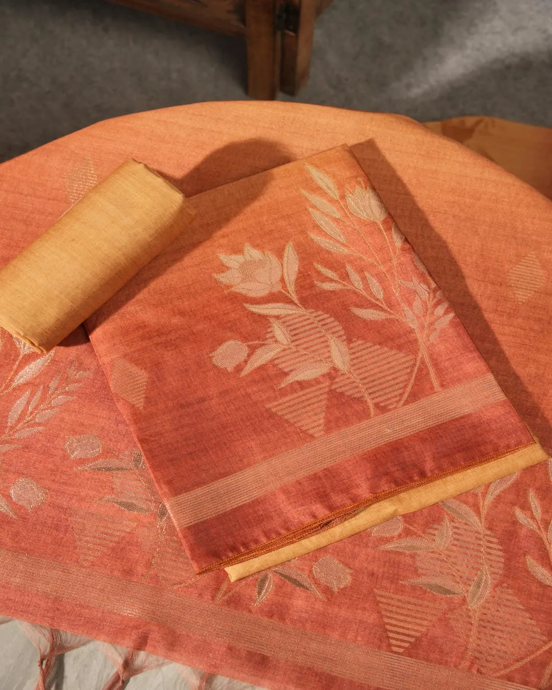 Sunset Glow – Peach Semi Tussar Silk Unstitched Suit