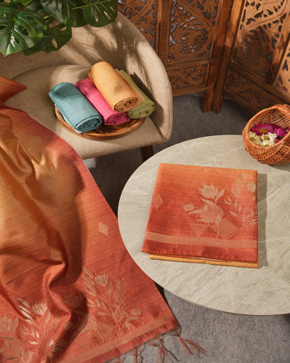 Burnt Orange Jamdani Semi Tussar Unstitched Suit Set