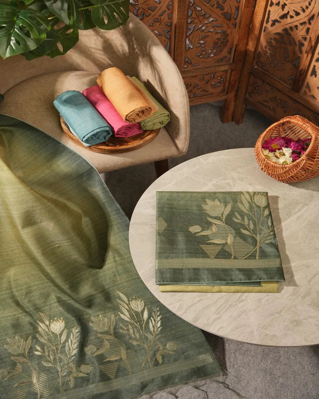 Emerald Bloom – Lime Green Semi Tussar Silk Unstitched Suit