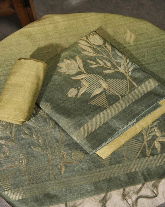 Olive Green Jamdani Semi Tussar Unstitched Suit Set