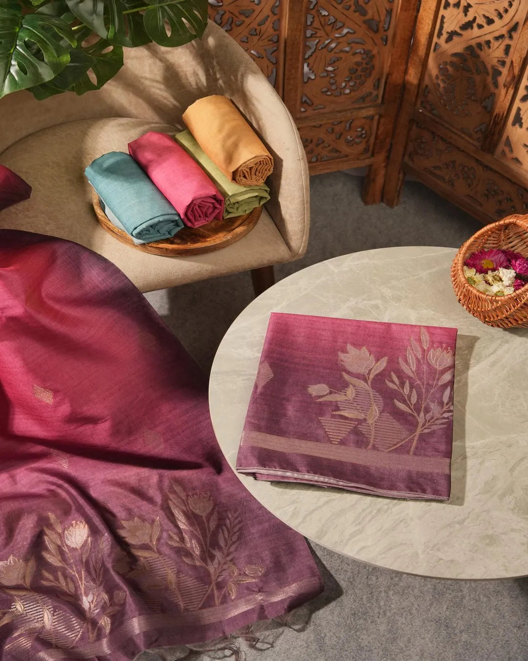 Crimson Radiance – Magenta Semi Tussar Silk Unstitched Suit