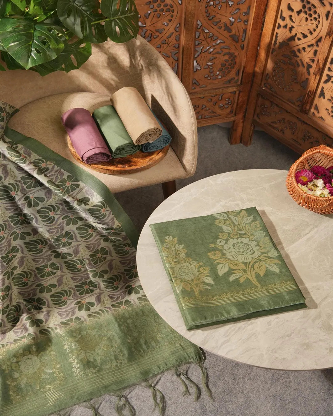 Emerald Serenity – Olive Green Semi Tussar Silk Unstitched Suit