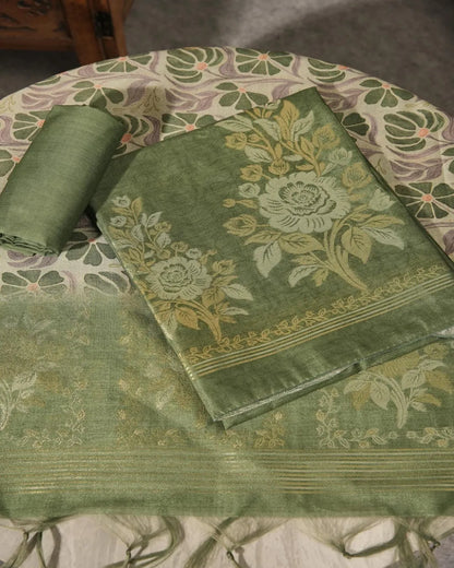 Emerald Serenity – Olive Green Semi Tussar Silk Unstitched Suit