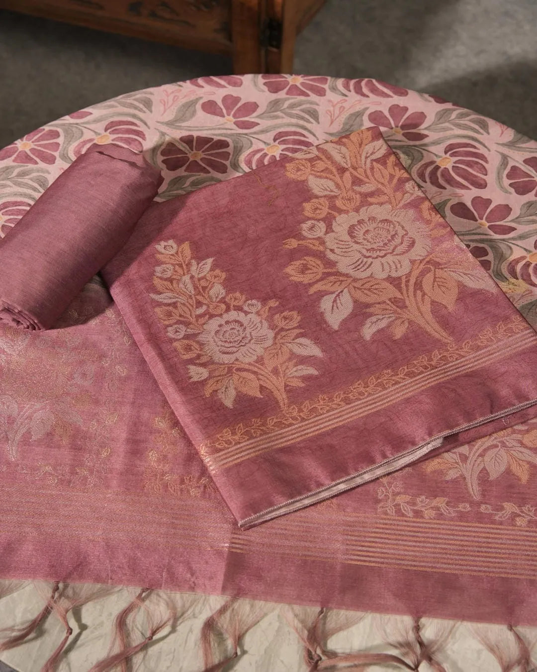 Blush Radiance – Dusty Rose Semi Tussar Silk Unstitched Suit