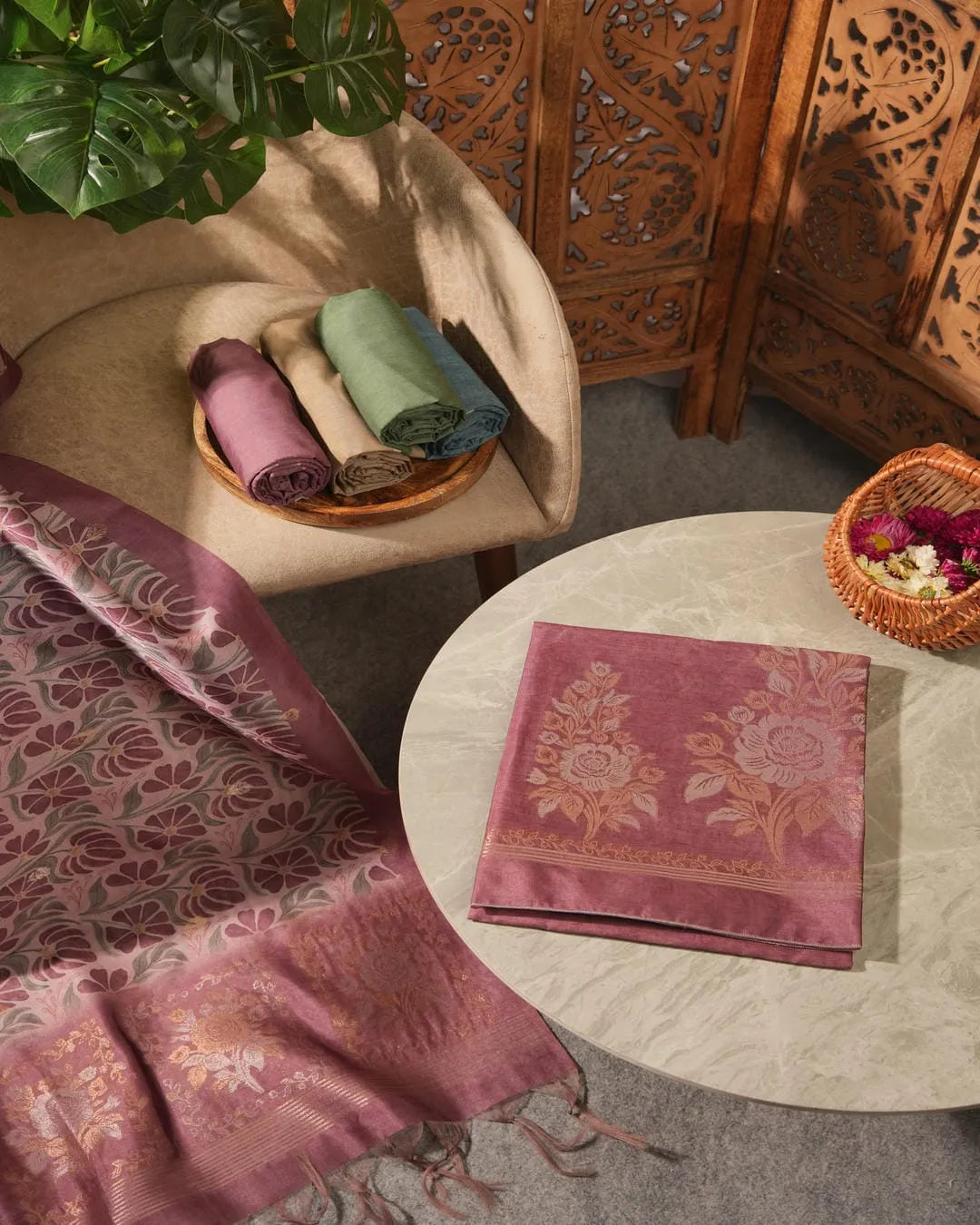 Blush Radiance – Dusty Rose Semi Tussar Silk Unstitched Suit