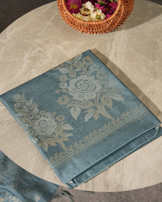 Steel Blue Jamdani Semi Tussar Unstitched Suit Set