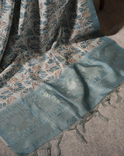 Sapphire Dreams – Peacock Blue Semi Tussar Silk Unstitched Suit