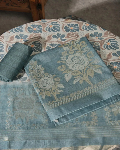 Sapphire Dreams – Peacock Blue Semi Tussar Silk Unstitched Suit