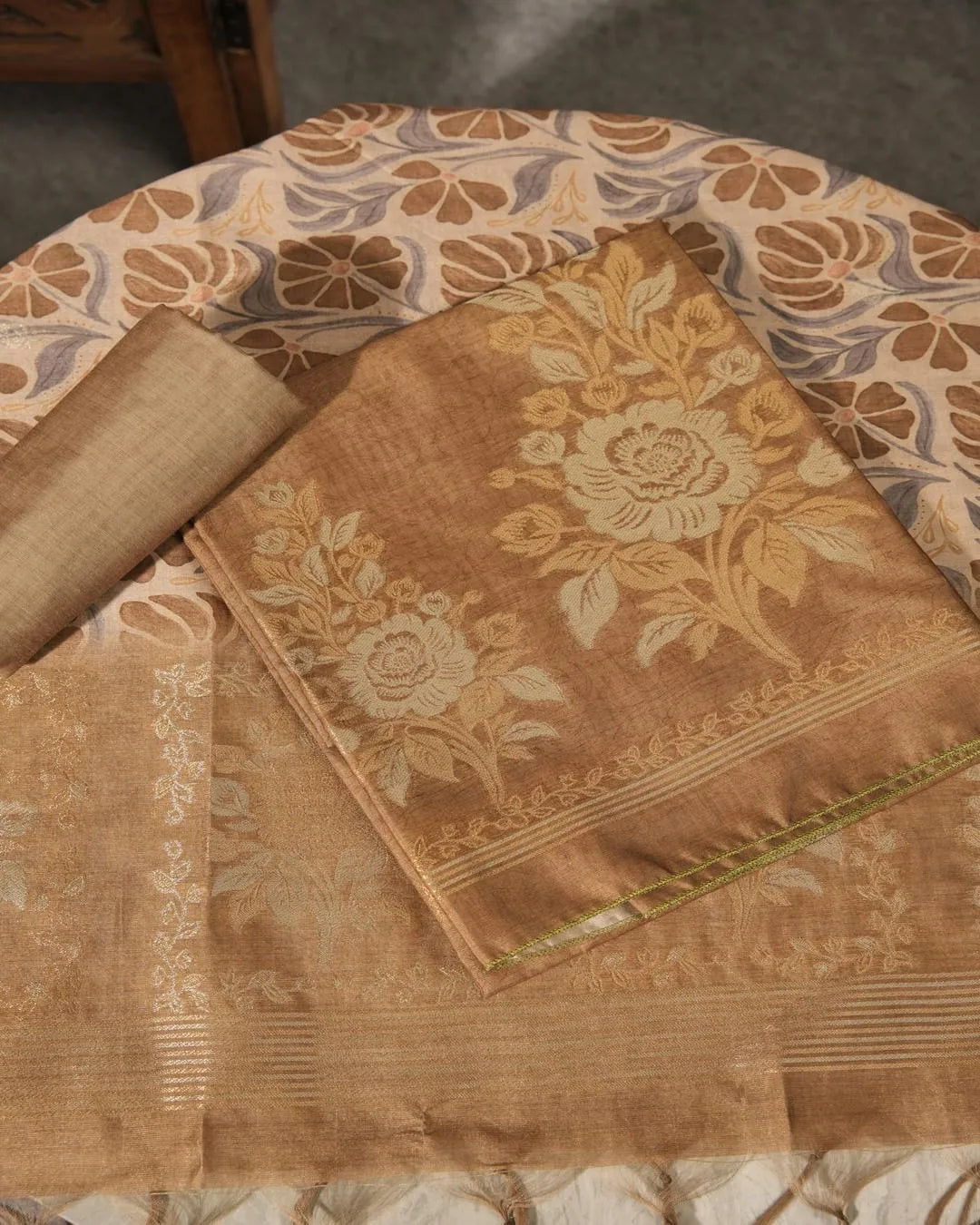 Amber Glow – Antique Gold Semi Tussar Silk Unstitched Suit