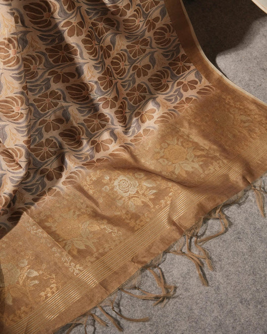 Copper Brown Dhakai Jamdani Semi Tussar Unstitched Suit Set