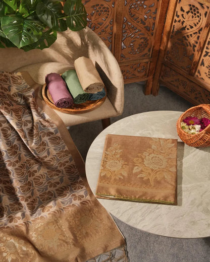 Amber Glow – Antique Gold Semi Tussar Silk Unstitched Suit