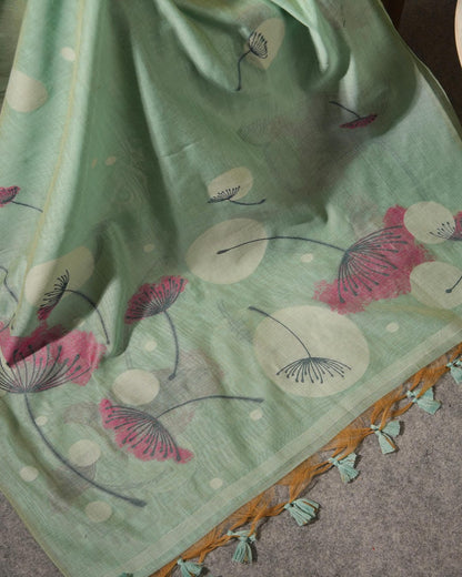 Soft Mint Green Abstract Floral Muga Cotton Unstitched Suit Set