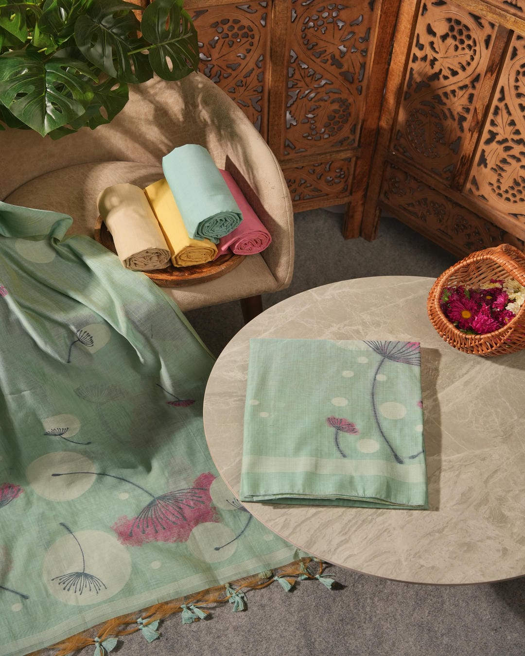 Soft Mint Green Abstract Floral Muga Cotton Unstitched Suit Set