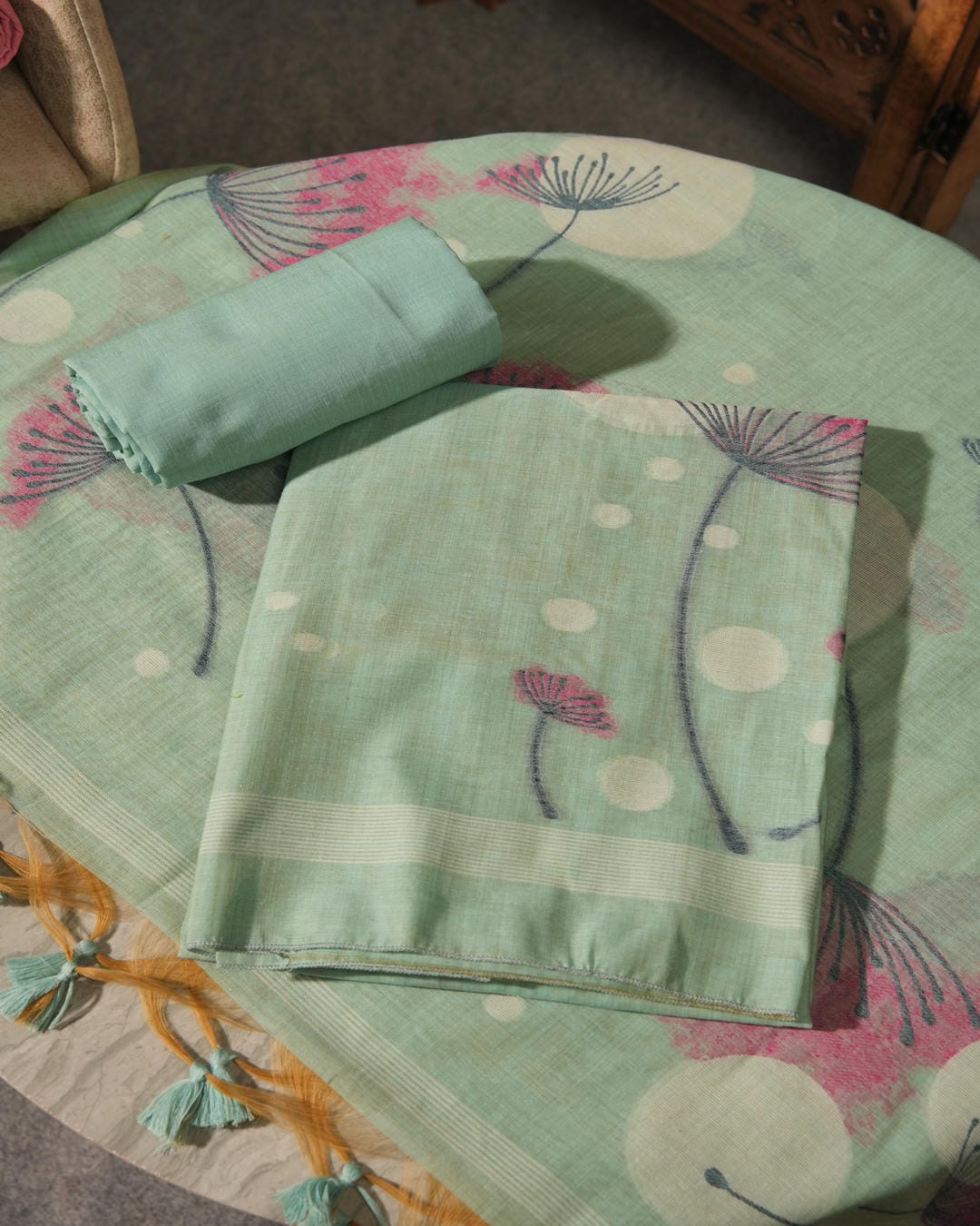 Soft Mint Green Abstract Floral Muga Cotton Unstitched Suit Set