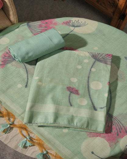 Soft Mint Green Abstract Floral Muga Cotton Unstitched Suit Set