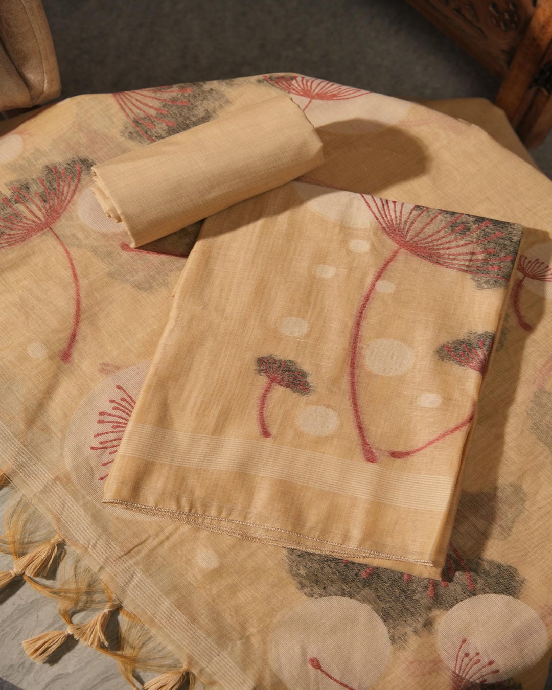 Golden Sand Muga Cotton Hand-Woven Unstitched Suit Set with Botanical Motifs