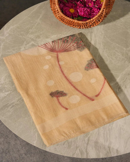 Chikoo Muga Cotton Unstitched Suit Material with Earthy Dandelion Print