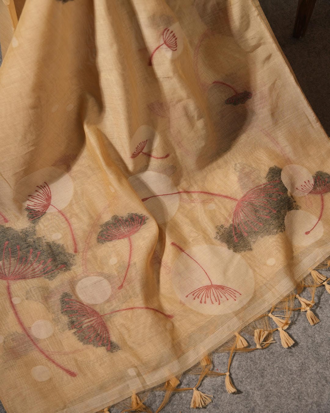 Golden Sand Muga Cotton Hand-Woven Unstitched Suit Set with Botanical Motifs