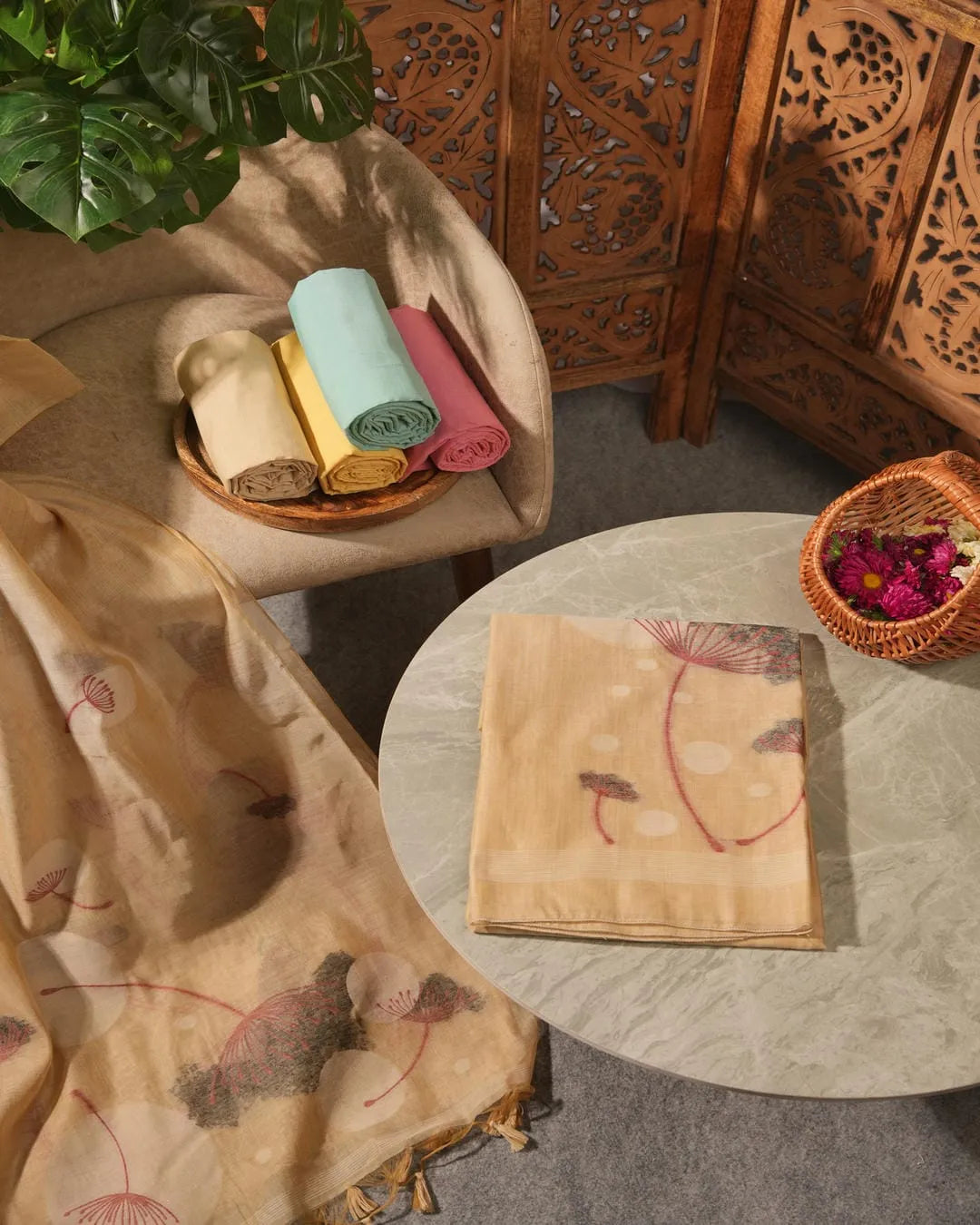 Chikoo Muga Cotton Unstitched Suit Material with Earthy Dandelion Print