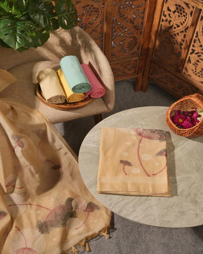 Chikoo Muga Cotton Unstitched Suit Material with Earthy Dandelion Print