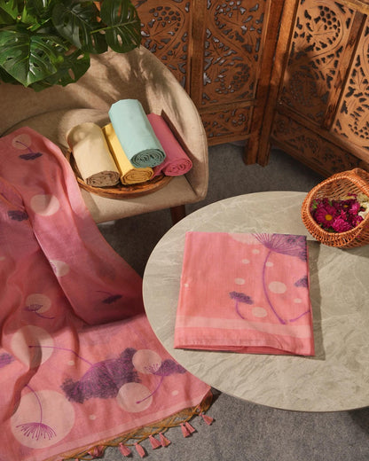 Blush Coral Muga Cotton Hand-Woven Unstitched Suit Set with Purple Floral Art