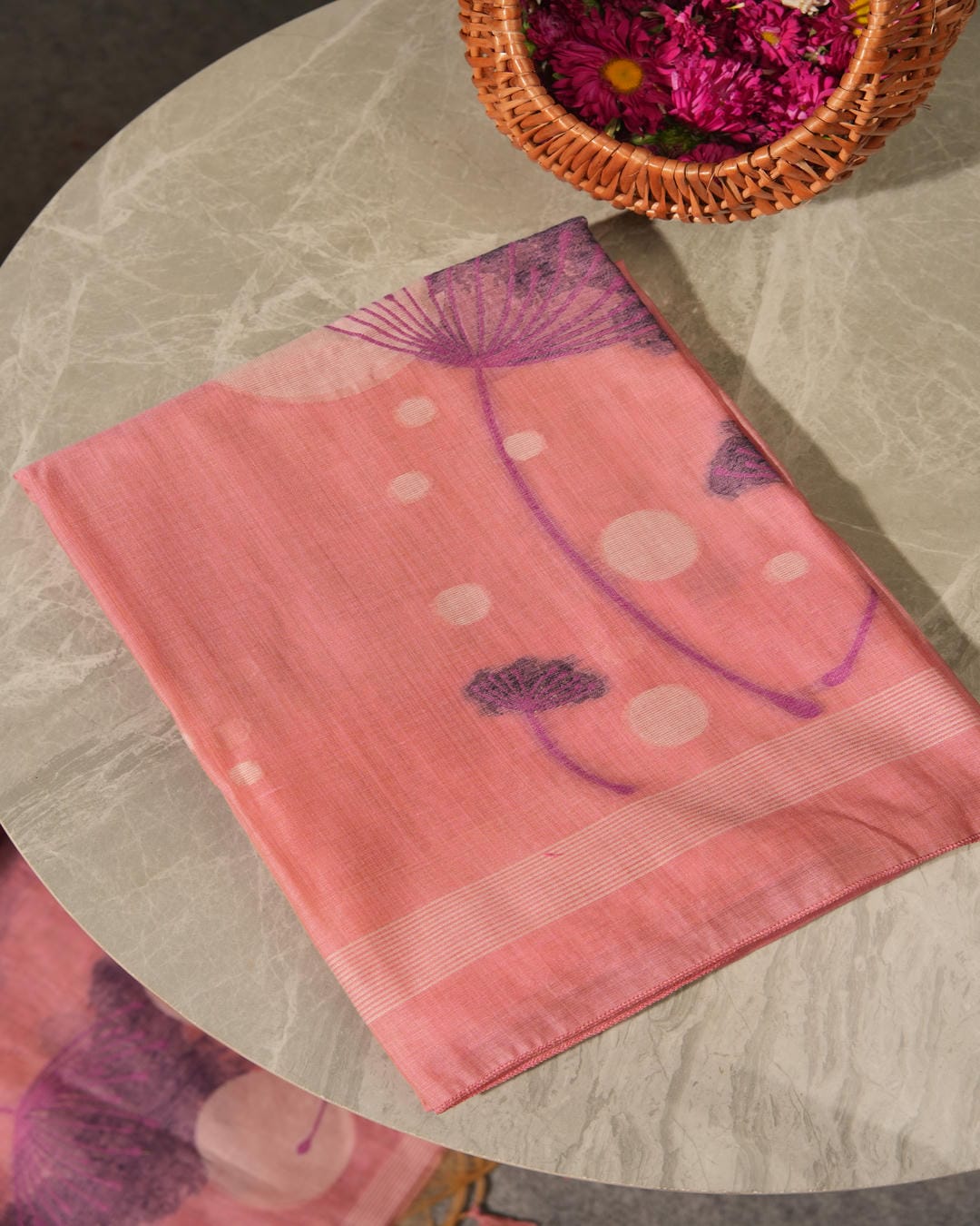 Blush Coral Muga Cotton Hand-Woven Unstitched Suit Set with Purple Floral Art