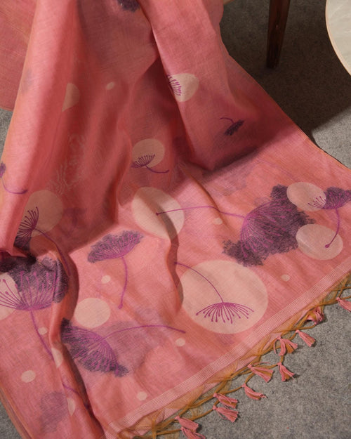 Blush Coral Muga Cotton Hand-Woven Unstitched Suit Set with Purple Floral Art