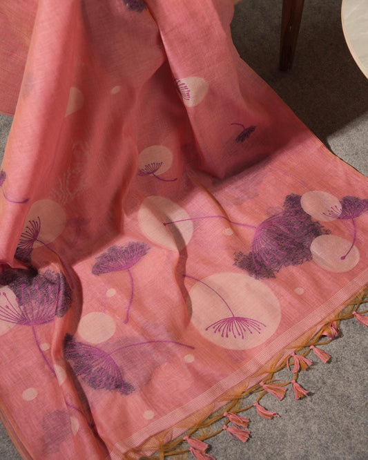 Blush Coral Muga Cotton Hand-Woven Unstitched Suit Set with Purple Floral Art