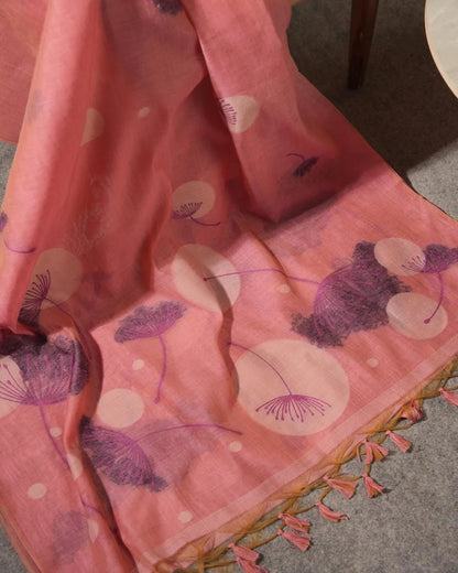 Pink Muga Cotton Unstitched Suit Material with Dandelion Floral Print