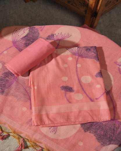 Blush Coral Muga Cotton Hand-Woven Unstitched Suit Set with Purple Floral Art
