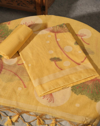 Mustard Glow Muga Cotton Hand-Woven Unstitched Suit Set with Emerald Accents