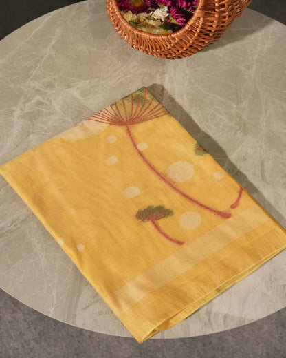 Chikoo Muga Cotton Unstitched Suit Material with Earthy Dandelion Print
