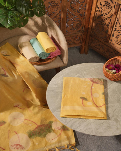 Mustard Glow Muga Cotton Hand-Woven Unstitched Suit Set with Emerald Accents