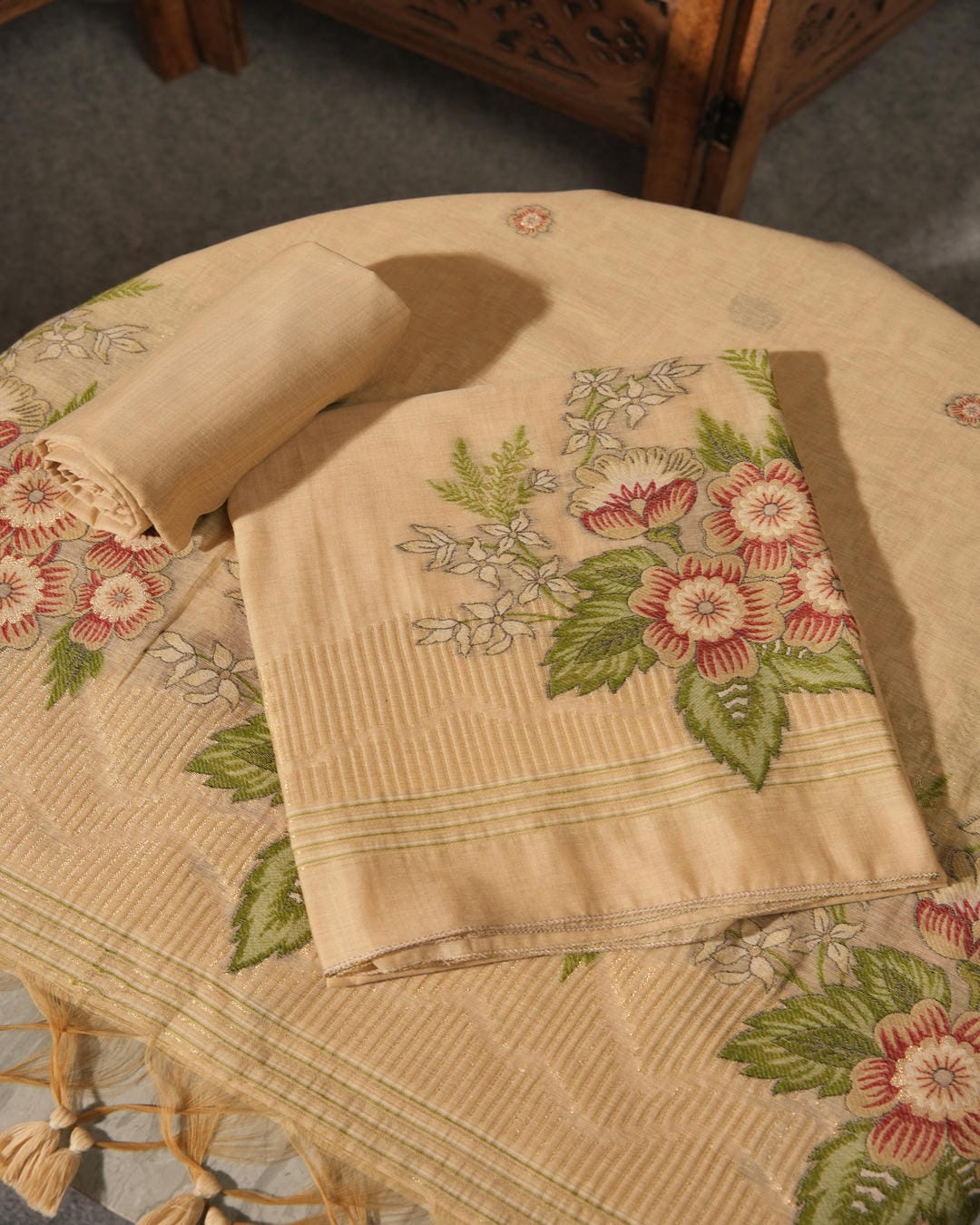 Ivory Nectar Muga Cotton Unstitched Suit Set with Traditional Floral Embroidery