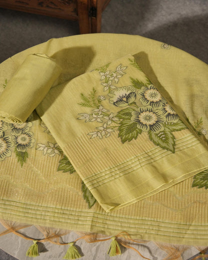 Lime Green Muga Cotton Floral Unstitched Suit Set