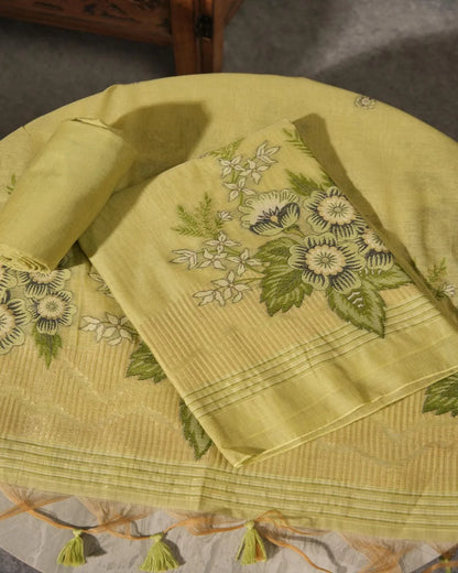 Purple Muga Cotton Unstitched Suit Material with Floral Embroidery