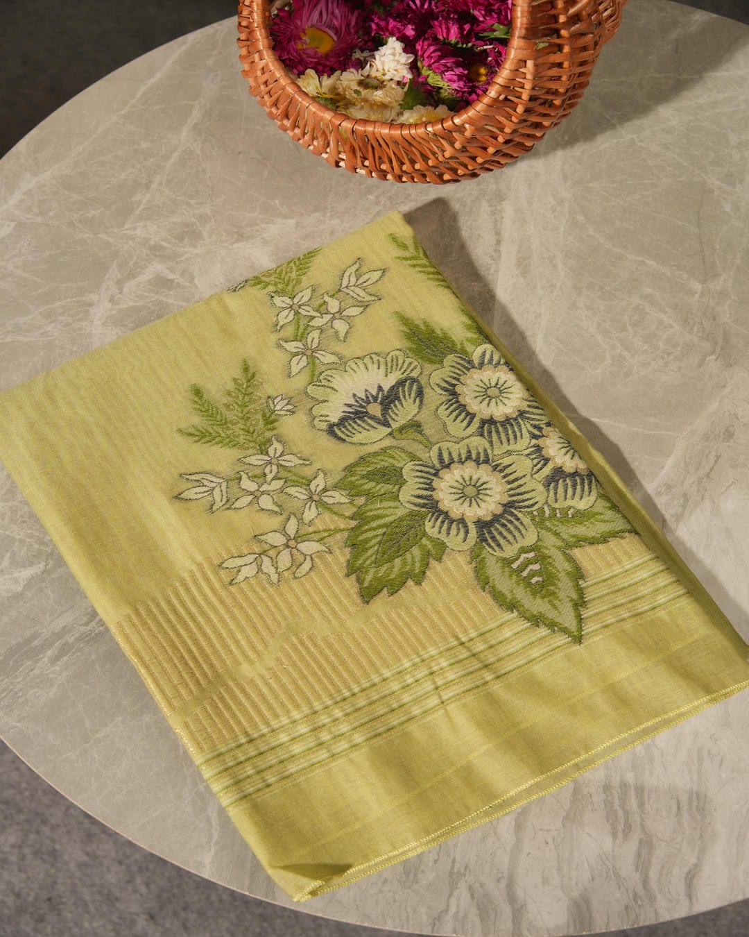 Lime Green Muga Cotton Floral Unstitched Suit Set