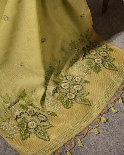 Lime Green Muga Cotton Floral Unstitched Suit Set