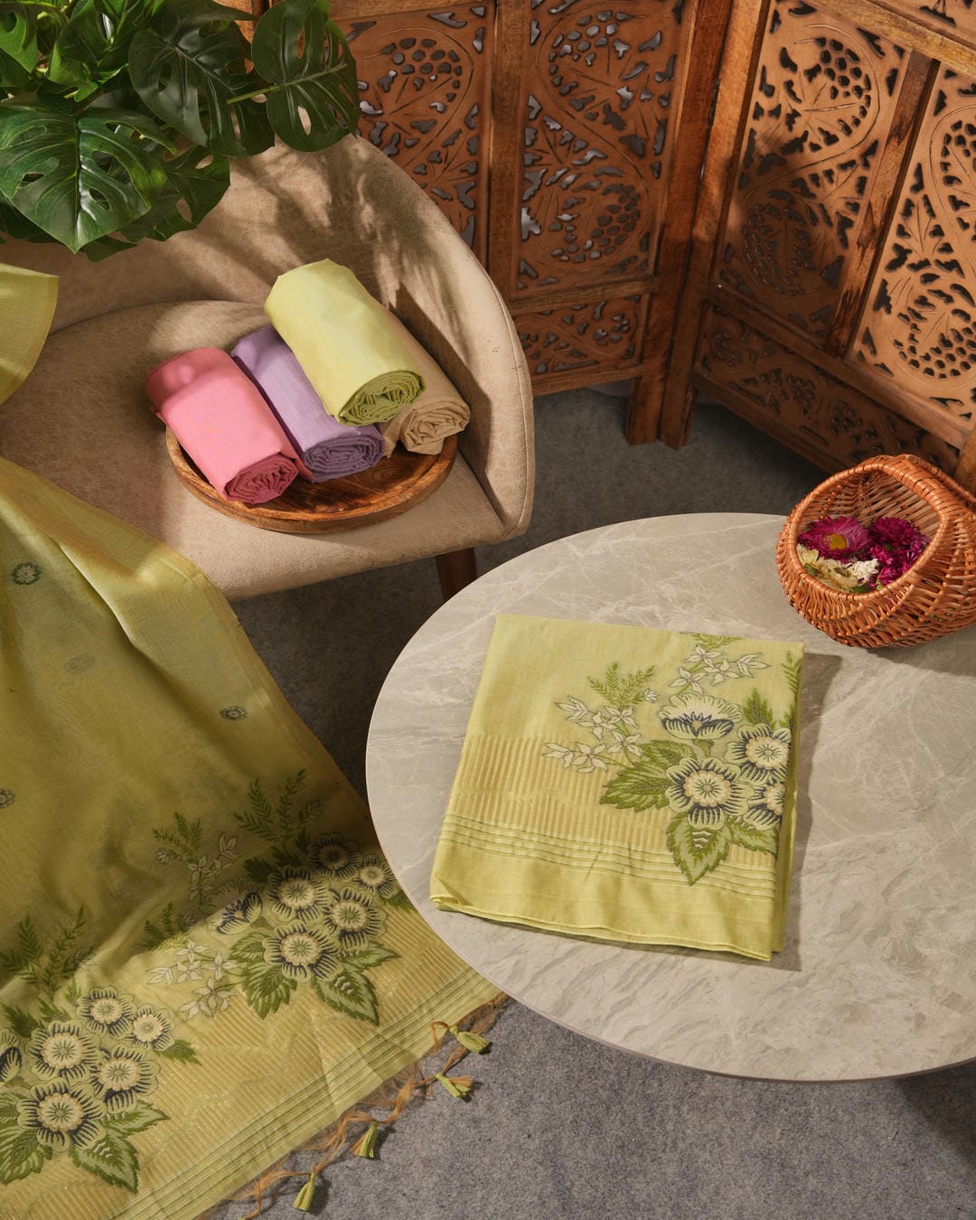 Lime Green Muga Cotton Floral Unstitched Suit Set