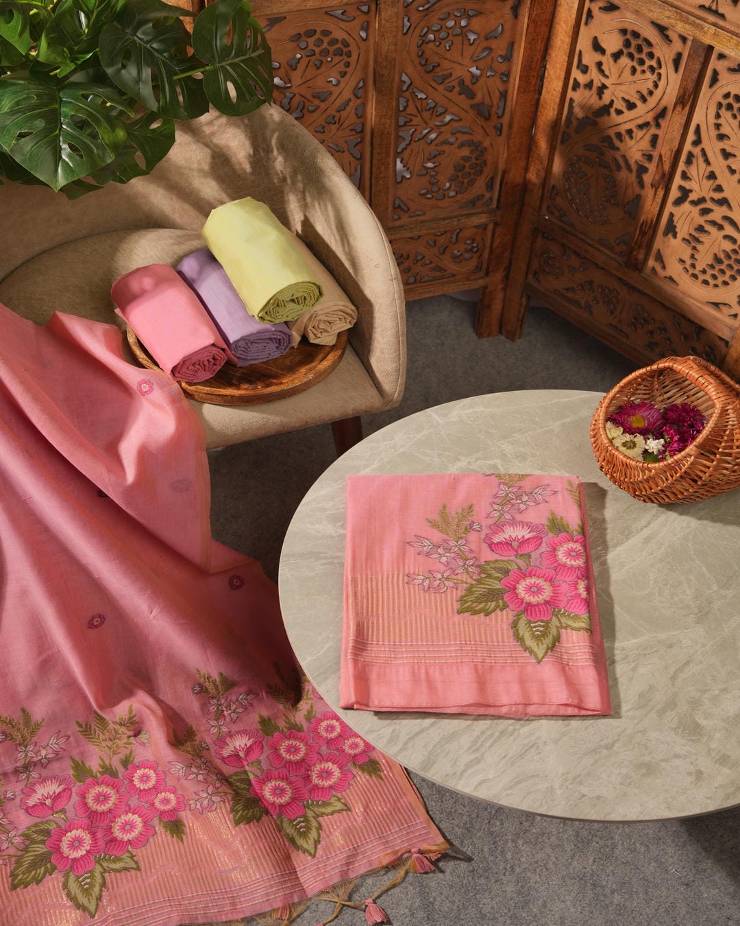 Peach Pink Muga Cotton Floral Unstitched Suit Set