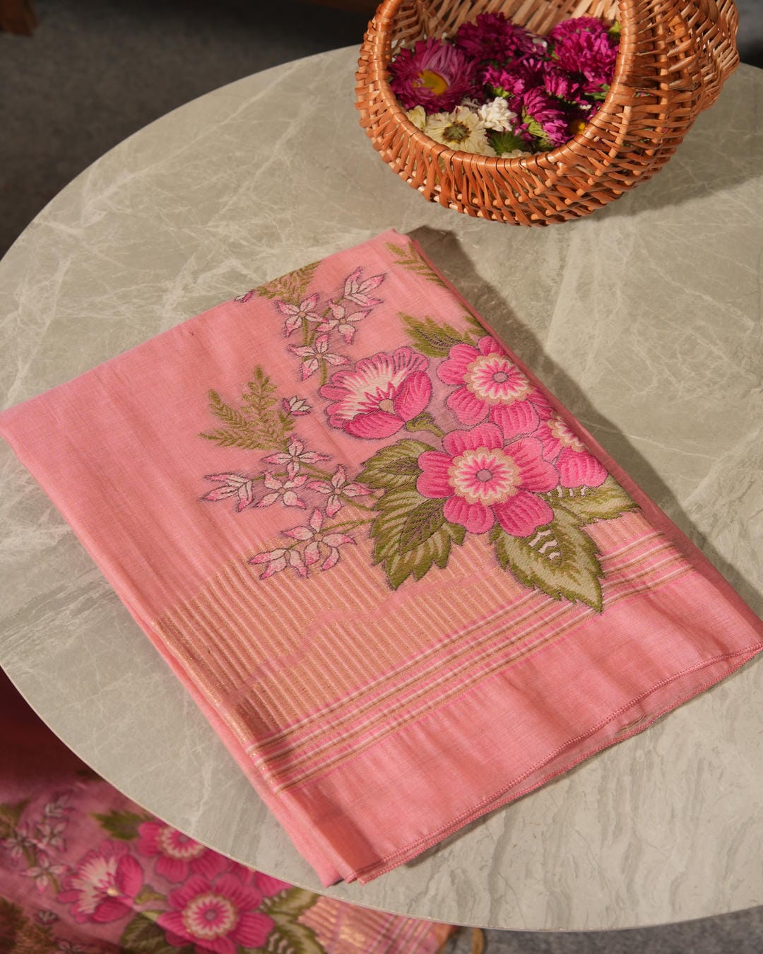 Peach Pink Muga Cotton Floral Unstitched Suit Set