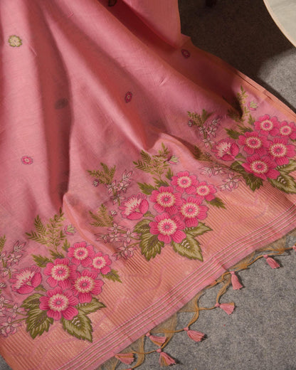 Peach Pink Muga Cotton Floral Unstitched Suit Set