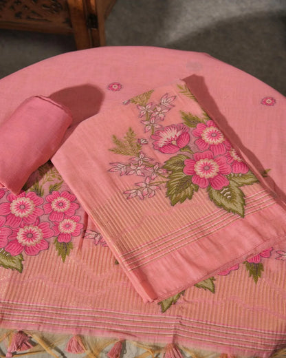 Rose Radiance – Pink Muga Cotton Unstitched Suit