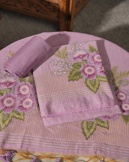 Lime Green Muga Cotton Floral Unstitched Suit Set